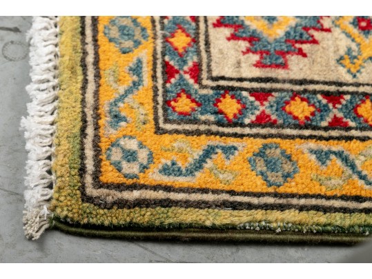 Kazak Wool Scatter Rug In Green, Yellow, And Red (4'8