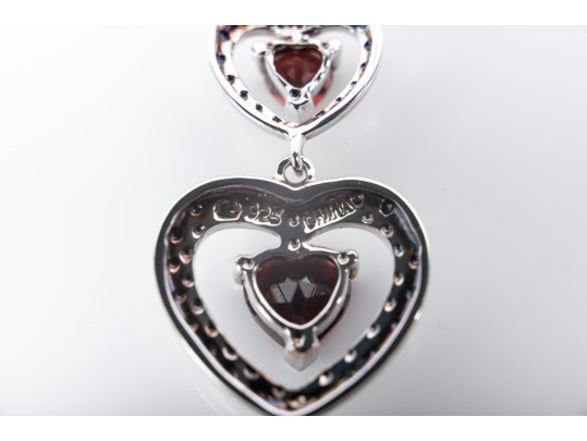 Pretty Sterling Silver And Garnet Heart Dangle Earrings