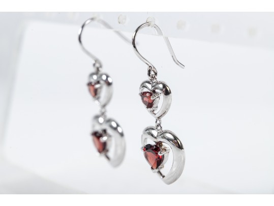 Pretty Sterling Silver And Garnet Heart Dangle Earrings