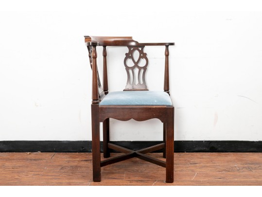 Classic Chippendale Mahogany Corner Chair With Baby Blue Upholstery