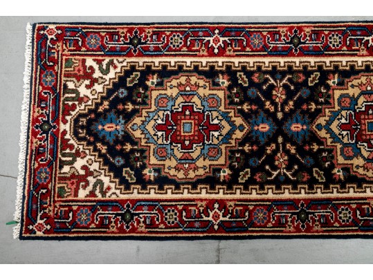 Serapi Wool Runner Rug In Red, Blue, And Cream (10’2” X 2’8”) NEW
