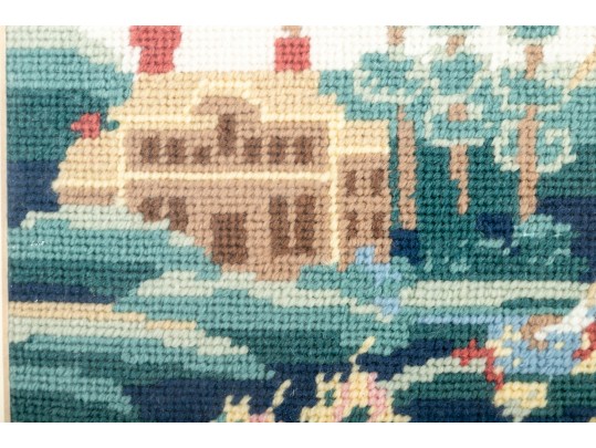 Needlepoint Embroidery Of A Woman Enjoying Nature Outside Her Home