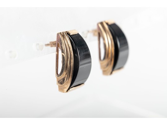 14k Yellow Gold Onyx Art Deco Earrings