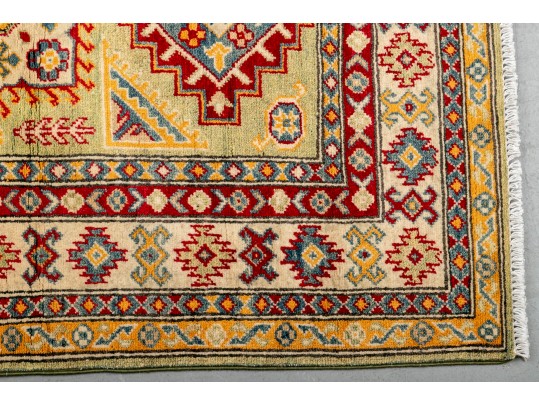 Kazak Wool Scatter Rug In Green, Yellow, And Red (4'8