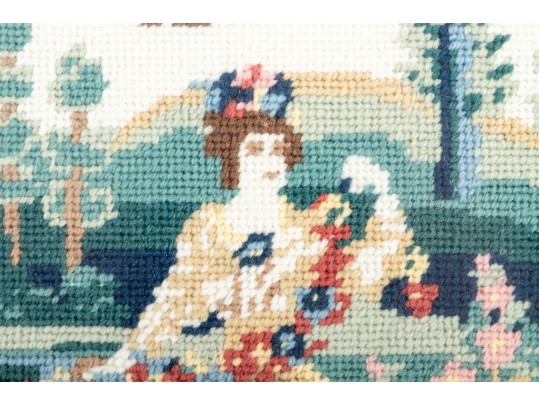 Needlepoint Embroidery Of A Woman Enjoying Nature Outside Her Home