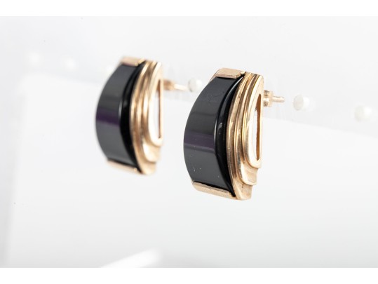14k Yellow Gold Onyx Art Deco Earrings