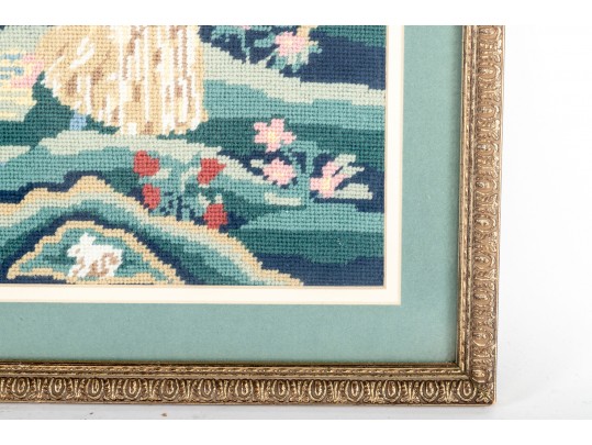 Needlepoint Embroidery Of A Woman Enjoying Nature Outside Her Home