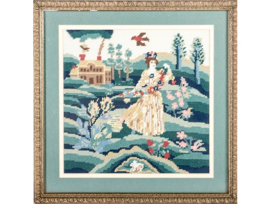 Needlepoint Embroidery Of A Woman Enjoying Nature Outside Her Home