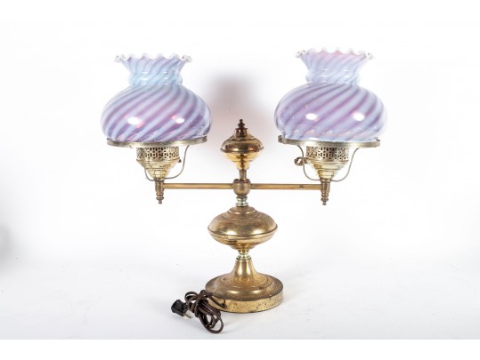 Electric Student Lamp With Cranberry Striped Glass Shades