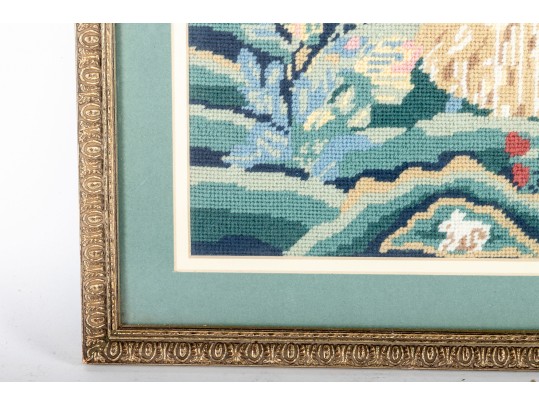 Needlepoint Embroidery Of A Woman Enjoying Nature Outside Her Home