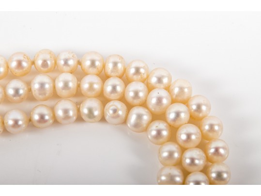 Three-Strand Cultured White Pearl Necklace With A 14k Yellow Gold Clasp