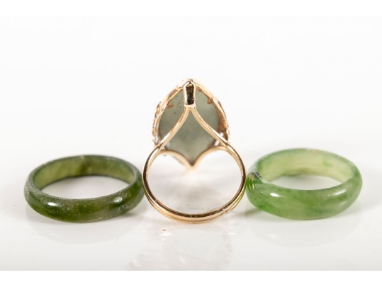 Trio Of Jade Rings, One In 14k Yellow Gold