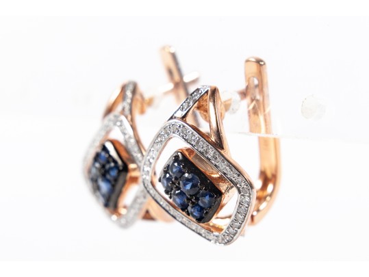 Stylish 14k Rose Gold Sapphire And Diamond C-Hoop Earrings