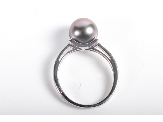 14k White Gold Cultured Black Pearl And Diamond Ring Size 6.5