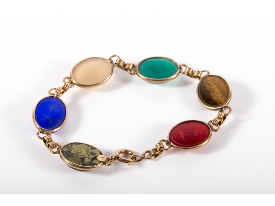 14k Yellow Gold Classic Multi Stone Carved Scarab Bracelet