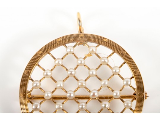 14k Yellow Gold Cultured Pearl Lattice Brooch/Pendant