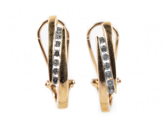 14k Yellow Gold Diamond J-Curve Hoop Earrings