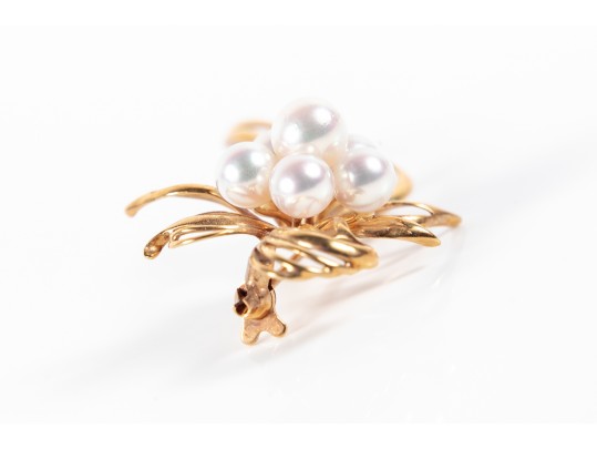 18k Yellow Gold Floral Cultured Pearl Brooch