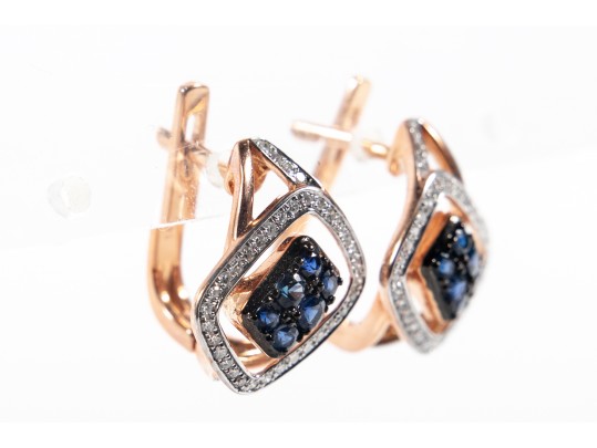 Stylish 14k Rose Gold Sapphire And Diamond C-Hoop Earrings