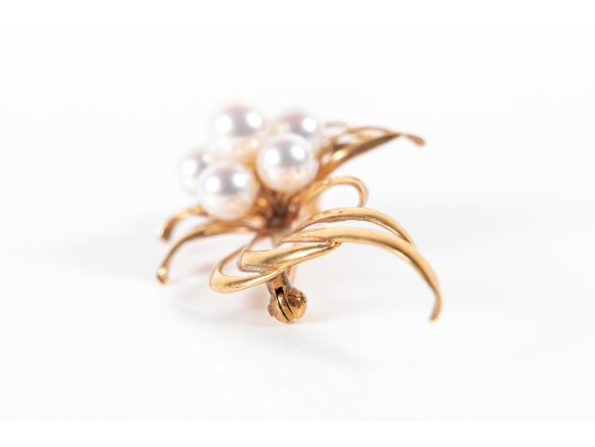 18k Yellow Gold Floral Cultured Pearl Brooch
