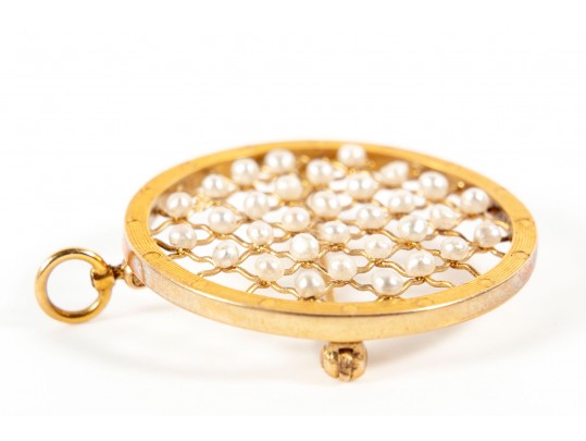 14k Yellow Gold Cultured Pearl Lattice Brooch/Pendant