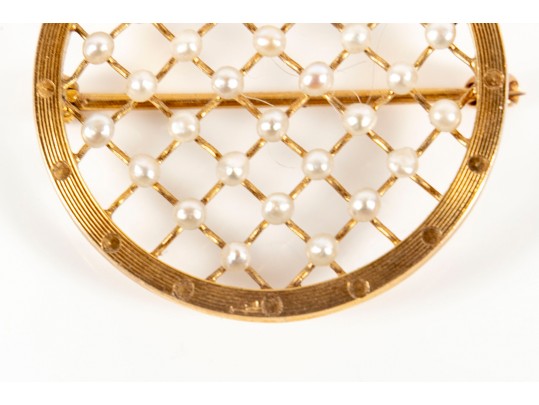 14k Yellow Gold Cultured Pearl Lattice Brooch/Pendant