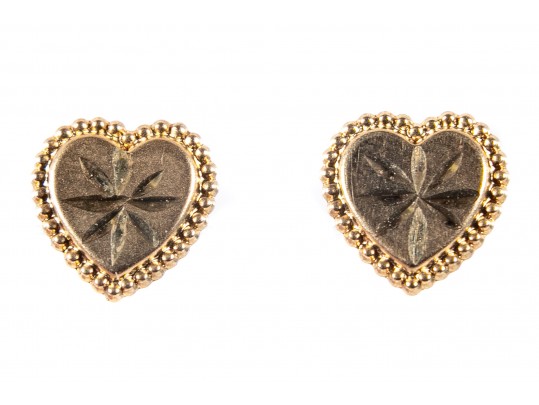 14k Yellow Gold Etched Heart Stud Earrings