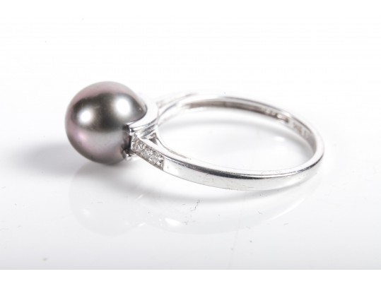 14k White Gold Cultured Black Pearl And Diamond Ring Size 6.5