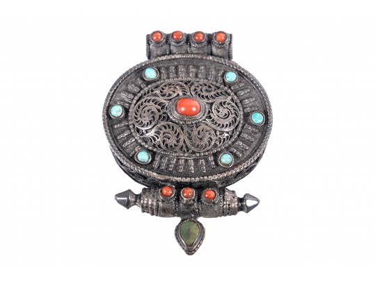 Sterling Silver Multi-Stone Tibetan Ghau Box Pendant