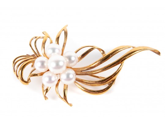 18k Yellow Gold Floral Cultured Pearl Brooch