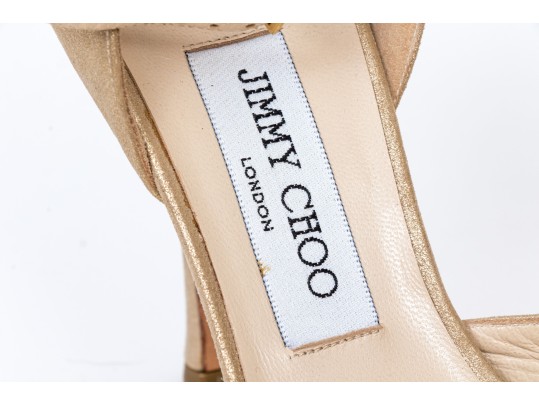 Jimmy Choo Stunning Metallic Gold Peep Toe Stilettos, Bow Decoration, Size 39