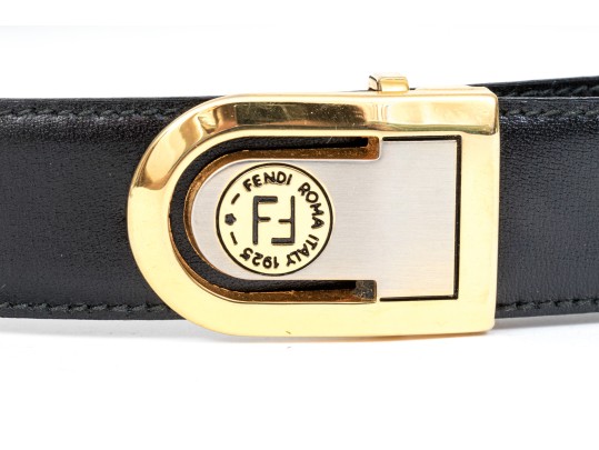 Fendi Black Leather Belt With Two-Tone Logo Buckle