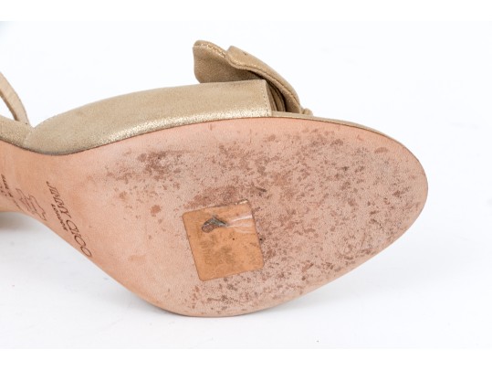 Jimmy Choo Stunning Metallic Gold Peep Toe Stilettos, Bow Decoration, Size 39