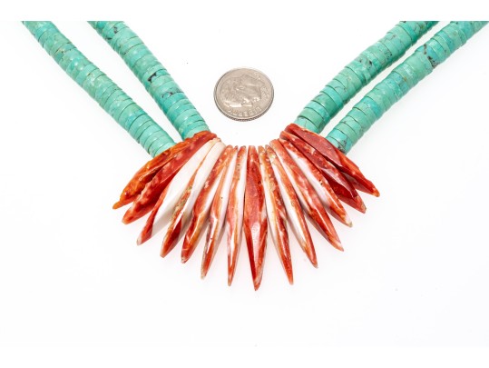 Impactful Turquoise Rondelle And Sterling Opera Length Necklace With A Coral Center