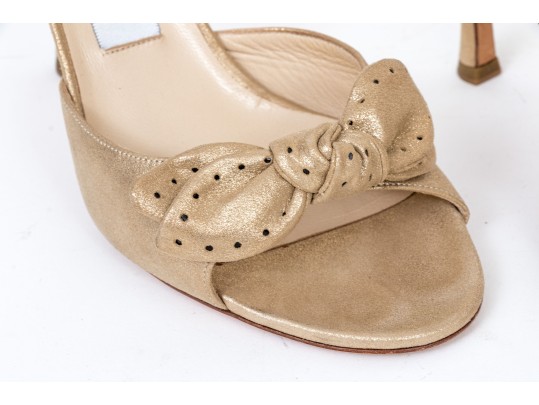 Jimmy Choo Stunning Metallic Gold Peep Toe Stilettos, Bow Decoration, Size 39