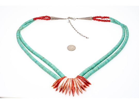 Impactful Turquoise Rondelle And Sterling Opera Length Necklace With A Coral Center