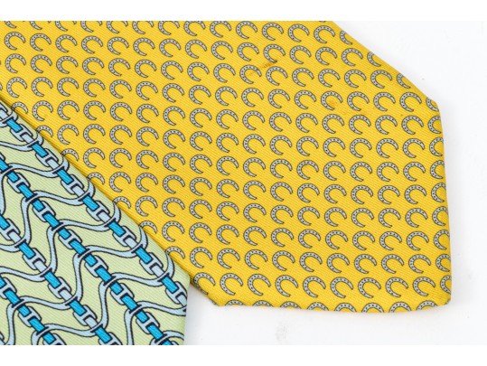 Hermes Silk Ties In Light Green And Yellow