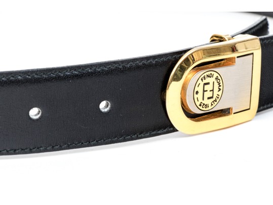 Fendi Black Leather Belt With Two-Tone Logo Buckle