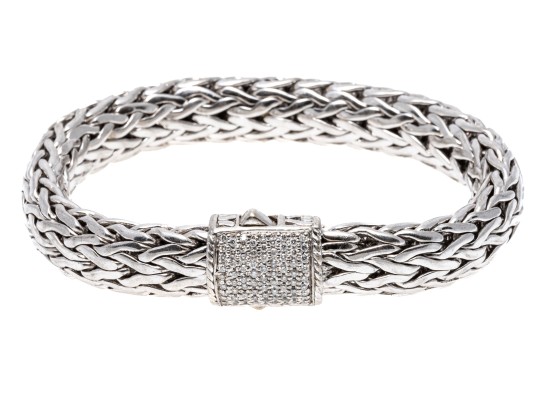 John Hardy Sterling Silver And 18k Diamond Wheat Chain Bracelet