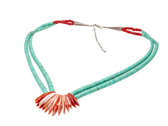 Impactful Turquoise Rondelle And Sterling Opera Length Necklace With A Coral Center
