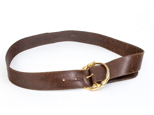 Gucci Brown Leather Belt With A Hoof Motif Buckle, 32/95