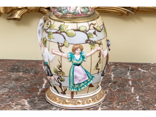 Italian Crown Naples Capodimonte Porcelain Tankard With Hinged Lid