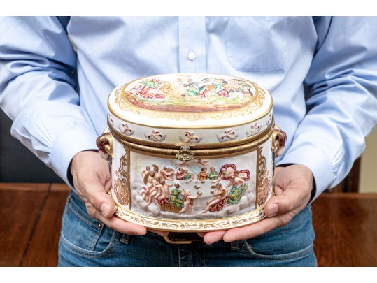 Crown Naples Capodimonte Porcelain Two Handled Box With Hinged Lid, 19th-20th C.