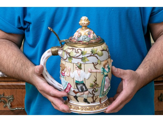 Italian Crown Naples Capodimonte Porcelain Tankard With Hinged Lid