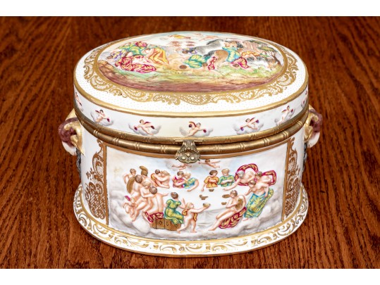 Crown Naples Capodimonte Porcelain Two Handled Box With Hinged Lid, 19th-20th C.