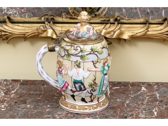 Italian Crown Naples Capodimonte Porcelain Tankard With Hinged Lid