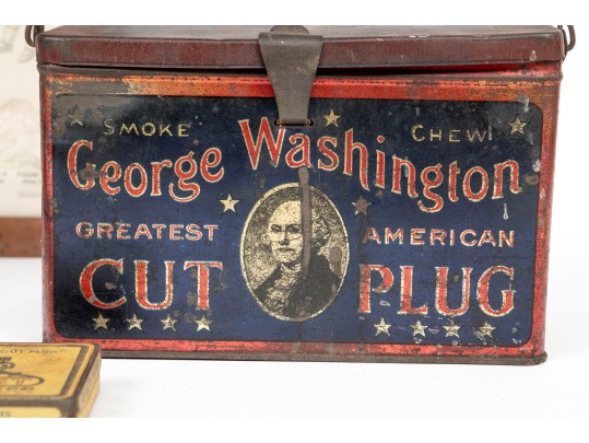 Five Antique Metal Storage Boxes And Antique Fashion Print