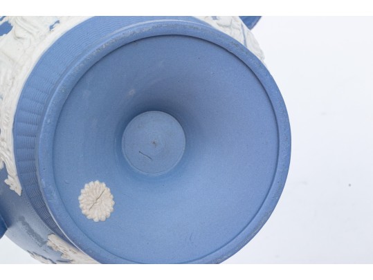 Antique English Staffordshire Relief Decorated, Blue Ground Stoneware Pitcher, 19th C. 