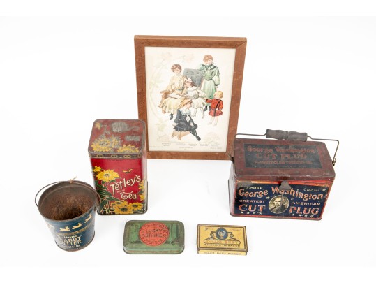 Five Antique Metal Storage Boxes And Antique Fashion Print