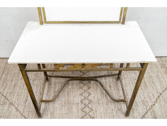 French Arts & Crafts Brass Marble Top Vanity With Mirror, Ca. 1900-1920